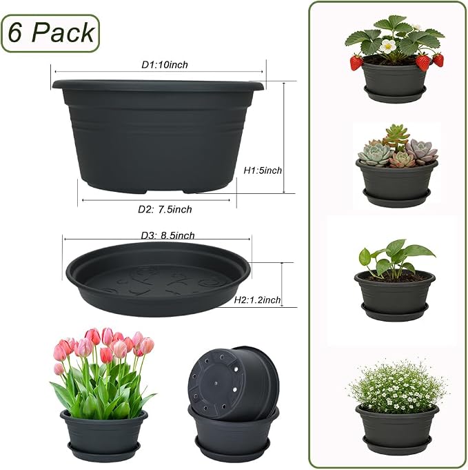 MRPAPA 6Pack Round Plastic Pots for Plants, Outdoor Planters with Drainage Hole & Tray Saucer, Decoration Large Flower Pots for Indoor Outdoor Garden Home Plants (6, Dark Gray, 10 Inch)