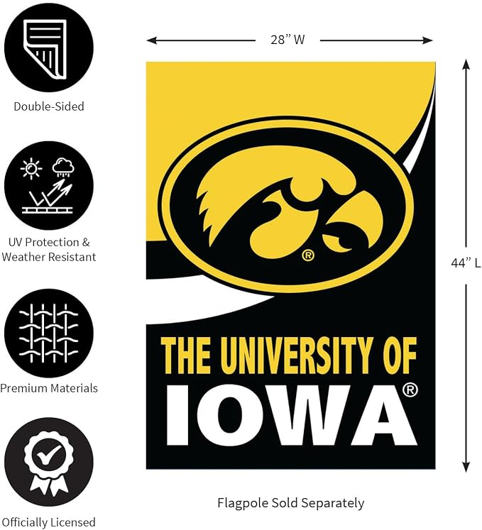 NCAA University of Iowa House Flag, 28 x 44, Double Sided Garden Flags for Outside, Outdoor College Flags & Banners for Gardens Patio, Indoor Wall Decor Flag for Room