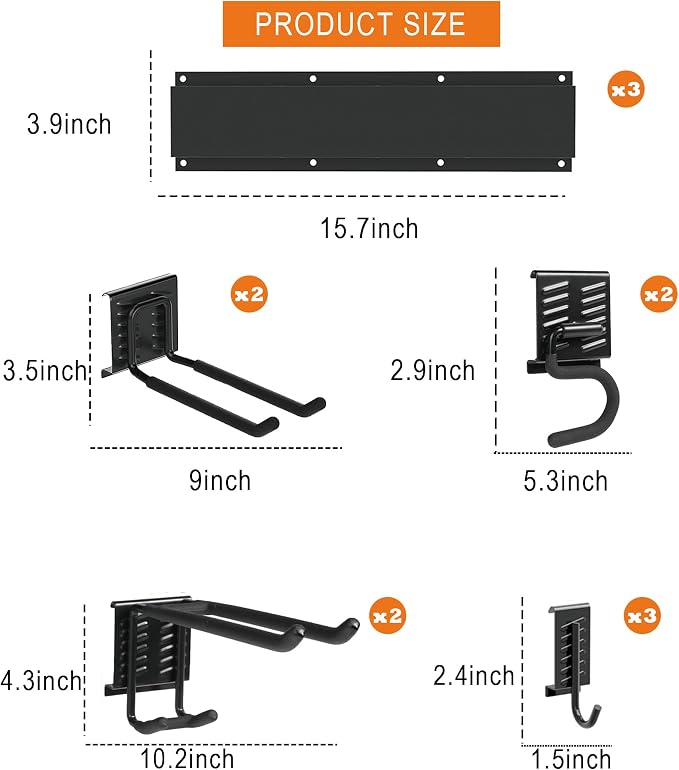 Heavy Duty Tool Hooks Set - Wall Mount Garage Tool Organizer, Multipurpose Metal Storage Hanger for Garden Tools Broom Mop Ladder, Garage Shed Workshop Wall Storage Rack (48 inches, 12pcs)