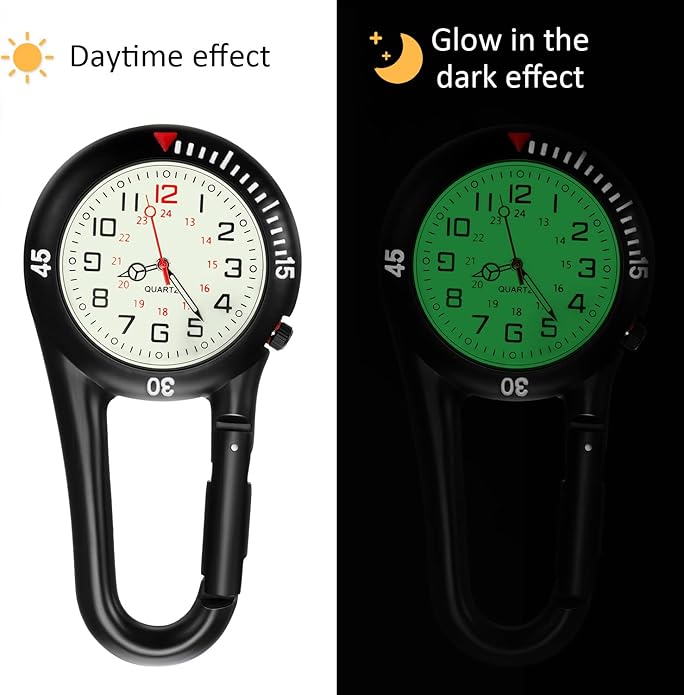 Hicarer 2 Pieces Clip on Quartz Watch Backpack Fob Belt Glow in The Dark Unisex Pocket Watch with White Dial for Doctors Nurses Outdoor Activities