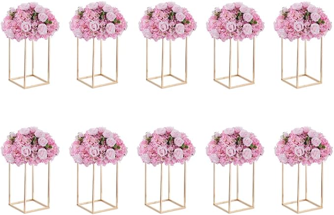 Gold Stand Wedding Centerpieces for Tables - 15.75in Tall Vases for Centerpieces, 10 Pcs Metal Column Flower Stand, Rectangular Flower Display Rack, Wedding Decorations for Table, Party, Event, Home