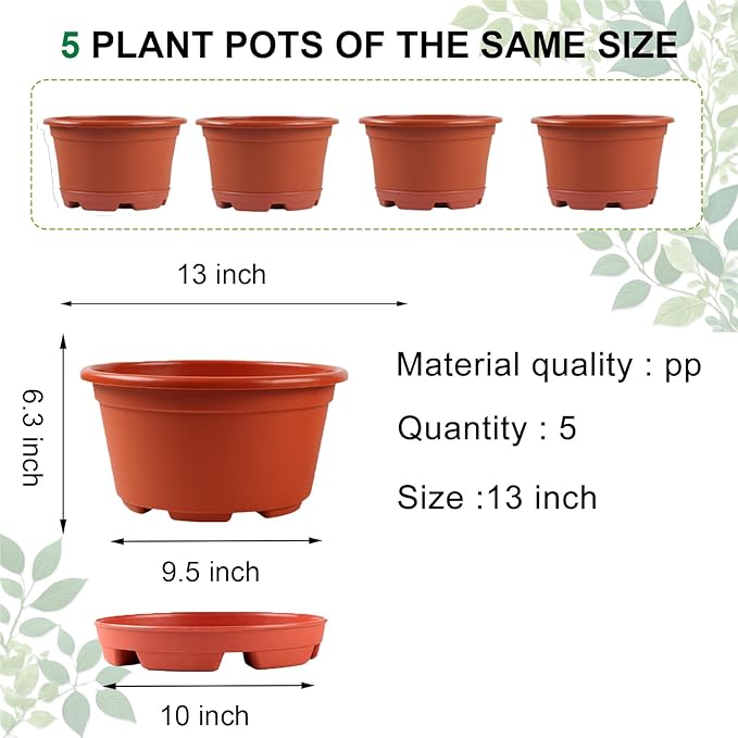 KPUVX Outdoor Flower Pots 5 Packs 13 inch pots for Plants Modern Decorative Garden Pot with Saucer, Lightweight Large Plastic Planters for Indoor Plants,Decorative Plastic Plant Pots