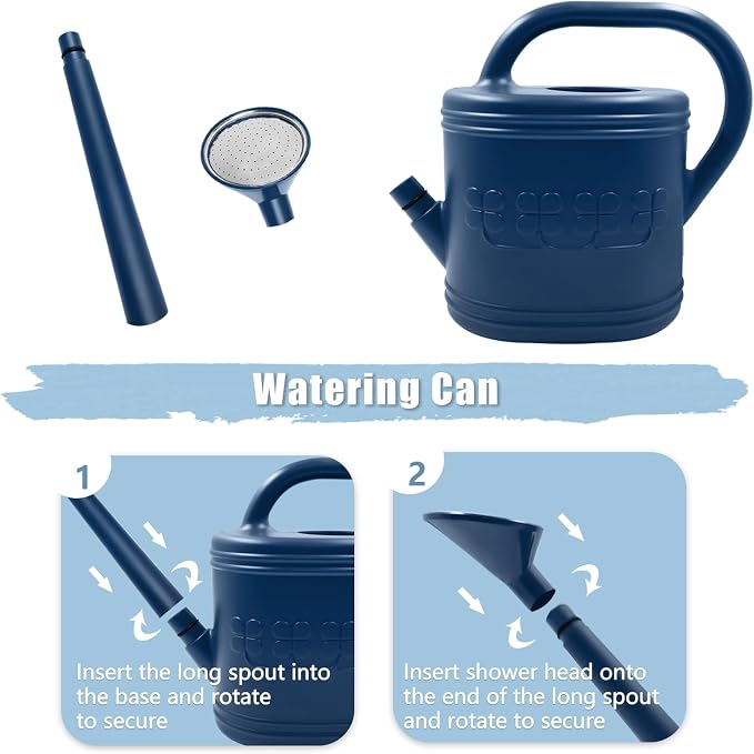 Watering Can for Indoor & Outdoor Plants, Plant Watering Can with Stainless Steel Shower Head, 1 Gallon Plastic Watering Can for Garden, Flowers, Vegetable, Greenhouse (Dark Blue, 1 Gallon)