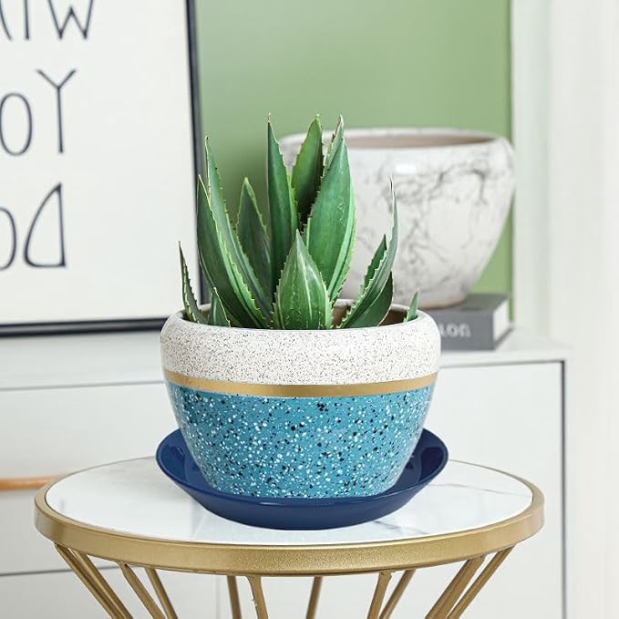Ceramic Plant Saucer Tray 2 Pcs 6 7 Inch Blue, 6.7" OD x5.5 ID x1.3.7" Deep| Round Sturdy Heavy Duty Glazed Bevel Planter Drip Flower pots with Catch Basin for Indoor Outdoor Plants