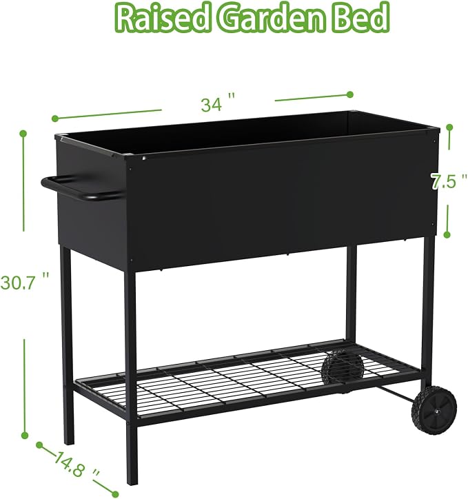 JWPEHOE 34 × 15 × 31 Inches Raised Garden Bed with Legs/Storage Shelf, Mobile Planter Box for Outdoor Plants, Elevated Garden Bed for Backyard, Balcony, Black