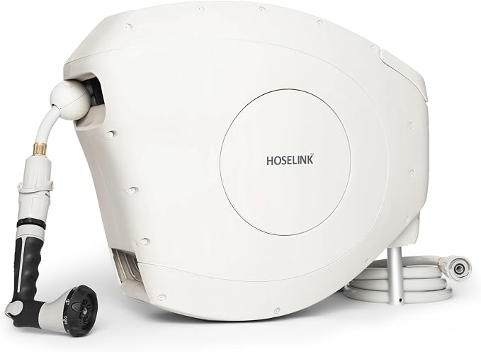 HOSELINK Classic Beige 82ft Hi-Flow Automatic Retractable Garden Hose Reel, 9/16”, 8-Pattern Spray Nozzle, UV-Stabilized Kink-Free Hose, Wall Mounted Watering Solution for Backyard, Garden & Outdoor