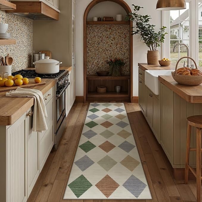 2x8 Washable Runner Rug Kitchen Colorful Non Slip Checkered Carpet | Soft, Low Pile, Easy Clean, Diamond Pattern for Hallway, Entryway, Laundry Room, Bathroom, Modern Neutral Decor