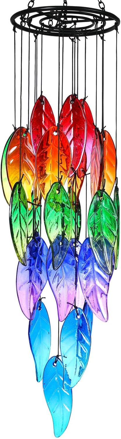 Stained Glass Leaf Wind Chimes - Hand-Painted Glass Leaves Suncatcher for Window, Outdoor Garden Decor, Colorful Leaf Ornaments Hanging Wall Art for Patio, Unique Memorial Gifts for Women & Mom