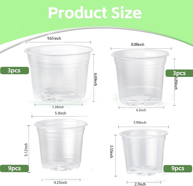 24 Pcs Large Size Clear Nursery Pots for Plants 4/6/8/9.5 Inch for Seedlings, Succulents, Flowers, Herb, Vegetables, Plastic Pots with Drainage Holes, Garden Pot