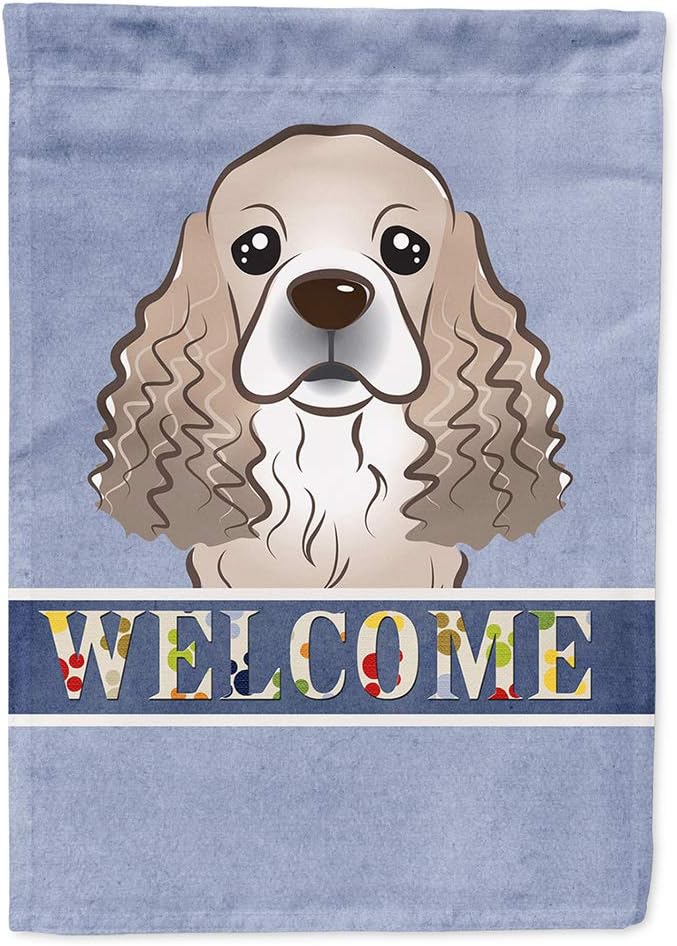 Caroline's Treasures BB1402CHF Cocker Spaniel Welcome House Flag, Blue Large Porch Sleeve Pole Decorative Outside Yard Banner Artwork Wall Hanging, Polyester, House Size, Multicolor