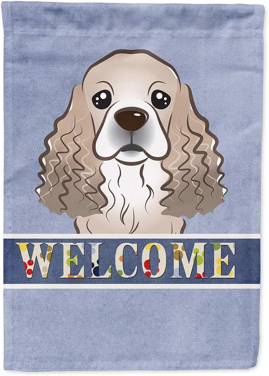 Caroline's Treasures BB1402CHF Cocker Spaniel Welcome House Flag, Blue Large Porch Sleeve Pole Decorative Outside Yard Banner Artwork Wall Hanging, Polyester, House Size, Multicolor