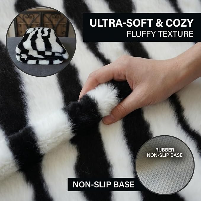 MustMat Faux Zebra Print Area Rug, Industrial Style Decor 4'7'' × 5'3'' | Black/White, Fits Bedrooms, Living Rooms & Reading Nooks. Suits Rustic, Minimalist Decor For Holiday & Birthday Use