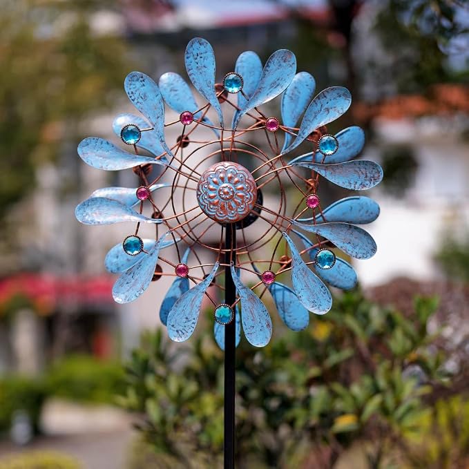 Stargarden Wind Spinners Outdoor, Large Kinetic Wind Spinner | Waterproof Blue Pinwheels with 4 Sturdy Stake, Metal Windmill for Yard, Porch Decor (21*90 Inches)