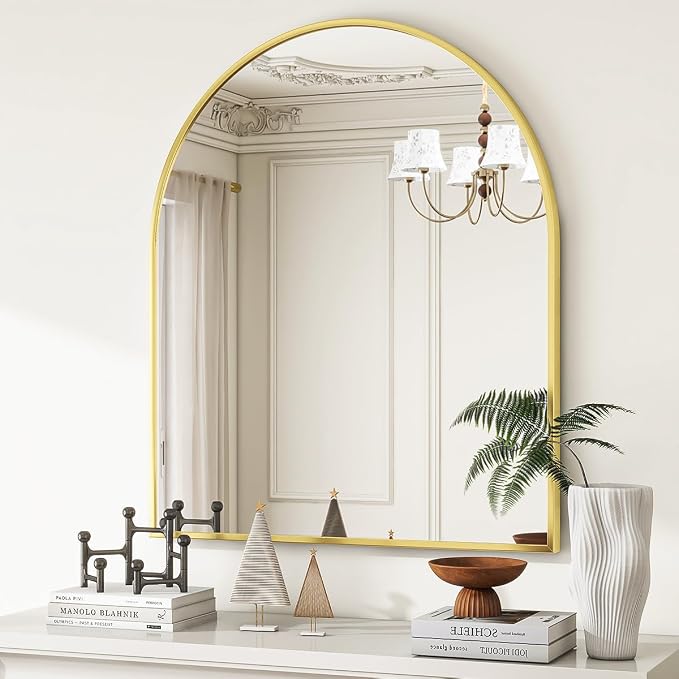 Arched Wall Mirror, 26 x 28 inch Arch Bathroom Mirror, Wall Mounted Vanity Mirror with Arch Metal Frame, Modern Bathroom Vanity Mirror for Bedroom, Living Room, Hanging or Leaning, Gold