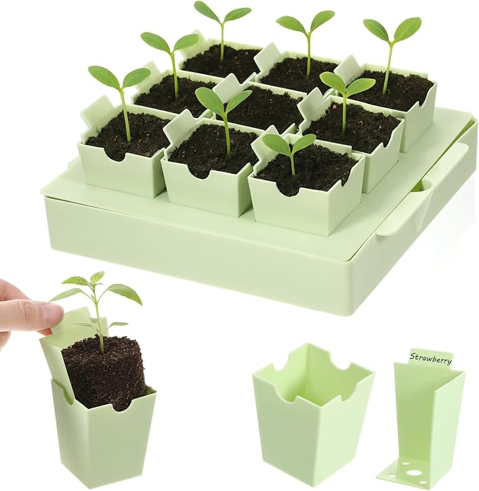 9 Cells Seed Starting Tray, Easy Transplant and Labeling Reusable 2.56 Inch | Deep Seed Starting Kit with Handle Thickened Seedling Tray Seedlings Starter Kit for Indoor, Outdoor, Greenhouse Use