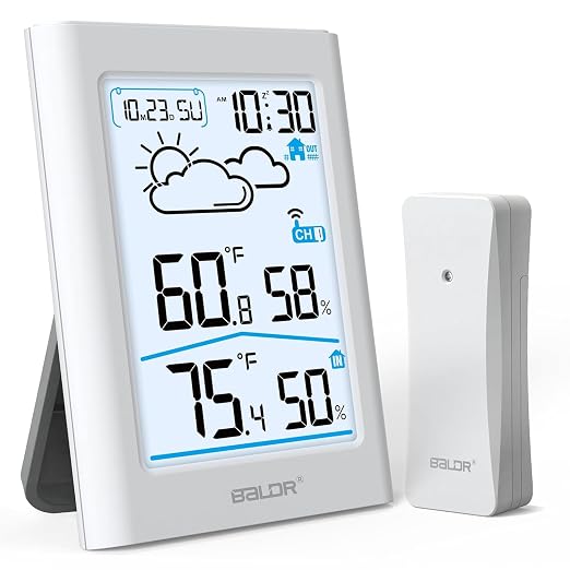BALDR Indoor Outdoor Thermometer Wireless with Clock, Battery Powered Weather Station Indoor Outdoor, Portable Outside Temperature Monitor for Home Patio