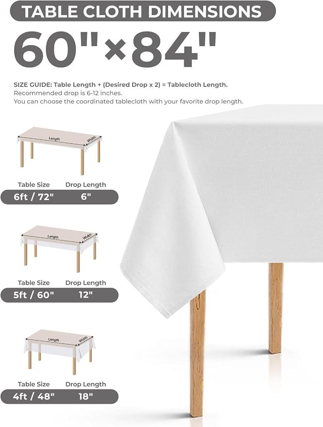 Decorelia White Waterproof Table Cloths for 4 Ft Rectangle Table-2 Pack, Washable Polyester Rustic Reusable Rectangular Table Cloth Cover for Wedding,Outdoor,Events, Party,Banquet, Dining, 60x84 Inch