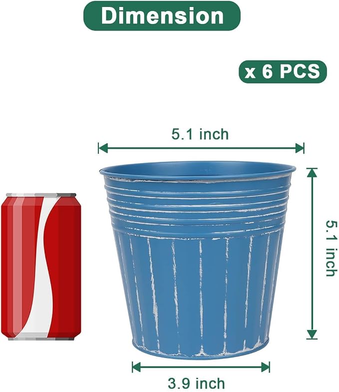 vensovo 5 Inch Galvanized Bucket Planter - 6 Pack Metal Flower Pots with Drainage Holes & Plugs, Rustic Deep Blue Tin Pots for Indoor Herbs, Outdoor Succulents, Farmhouse Home Garden Decor