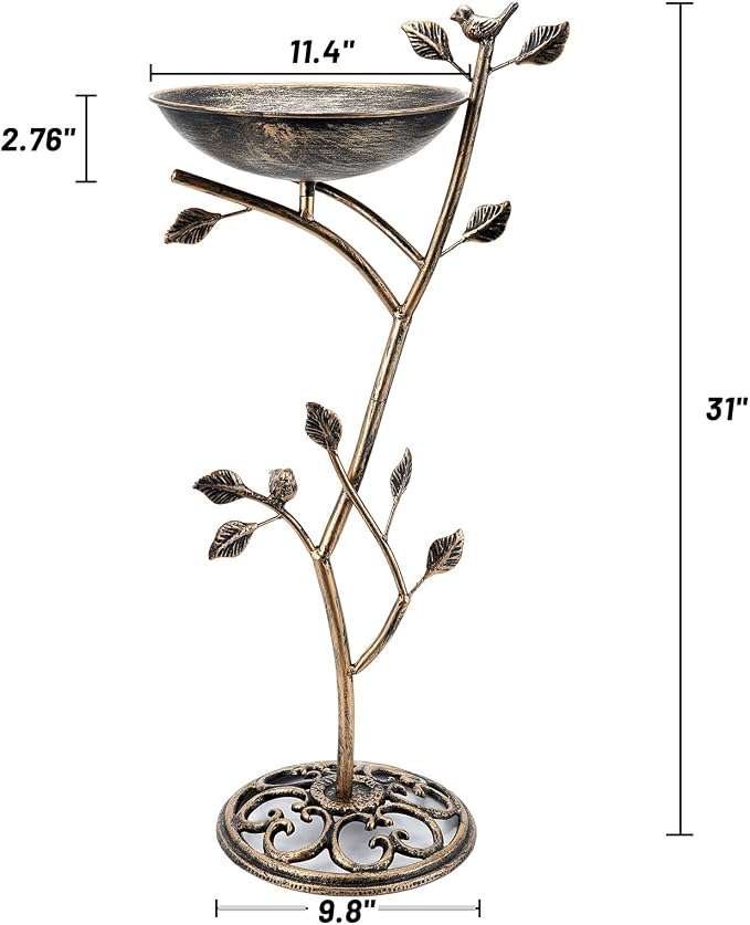 HOUYANG Diam 11.4" W x 31" H Cast Iron Pedestal Bird Bath, Bird Baths for Outdoors,Vintage Metal Bird Bath Garden Yard Decoration
