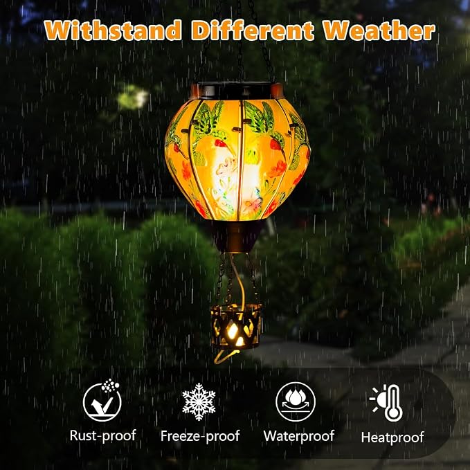 Starsoul Hummingbird Hot Air Balloon Solar Lantern with Candle Holder Glass Outdoor Solar Hot Air Balloon Flickering Flame for Lawn Porch Yard Decorations Gifts for Women Mom Grandma