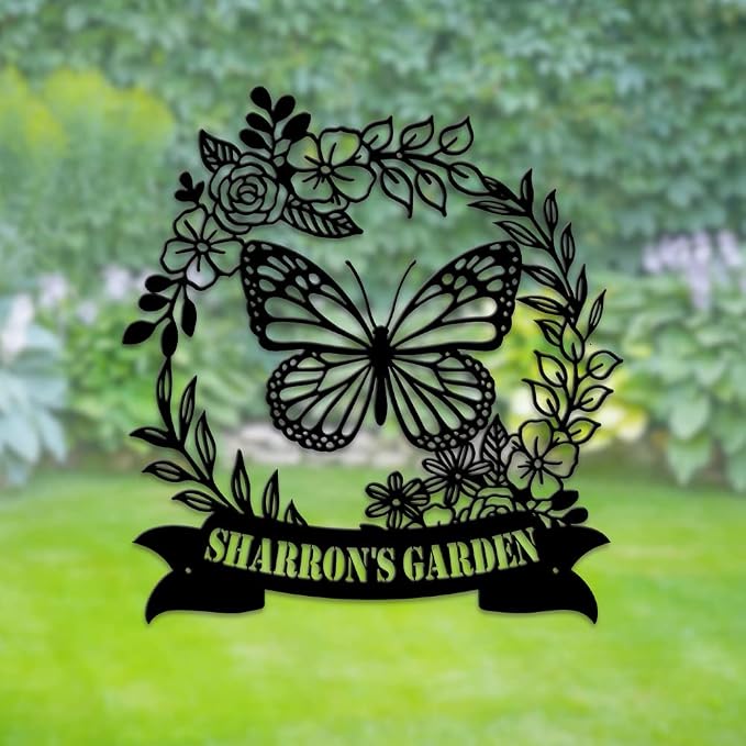 MeMate Flowers Garden Signs, Floral Garden Sign to Personalize, Personalized Metal Signs, Customized Name Wall Art for Garden Outdoor Decor, Large Outdoor Plaque Sign for She Shed, Potting Shed