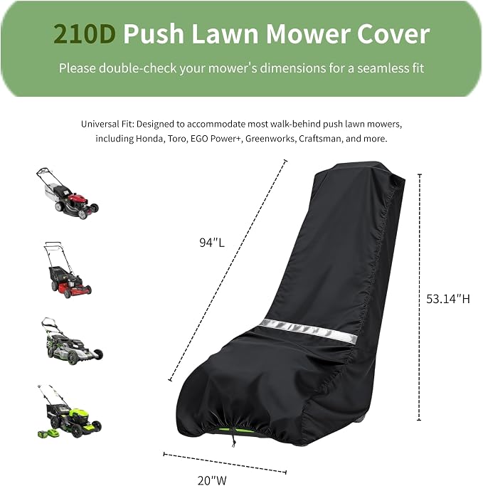 Push Lawn Mower Cover for Outdoor, Large 94 x 19.5 x 13.5 in Waterproof Lawnmower Cover 210D Oxford Fabric, Heavy Duty Mower Cover with Storage Bag