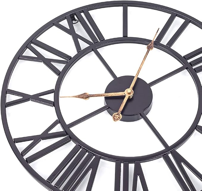 Large Industrial Wall Clock with Roman Numerals, Indoor Silent Non-Ticking Retro Clock, Vintage Metal Decorative Black Metal Art Clock Battery Operated for Home Kitchen Cafe Hotel Office Decor