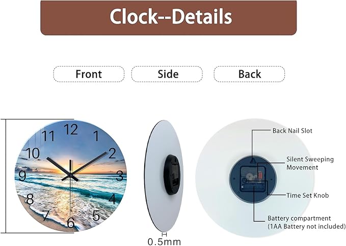 Blue Beach Wall Clock for Kitchen 14 Inch | Round Coastal Clocks for Walls Analog Glass Wall Clock Non Ticking