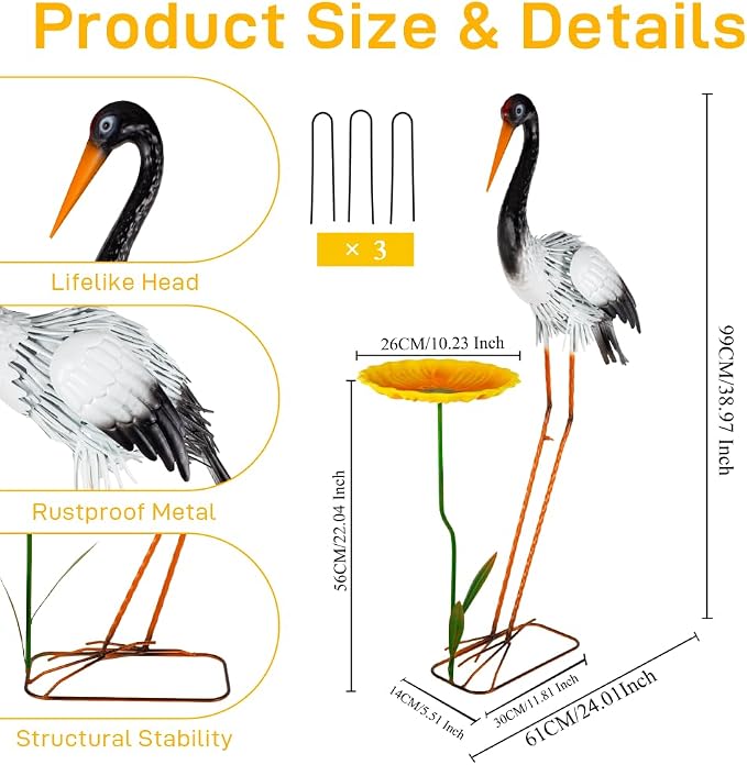 38" Garden Statue Large Outside Egret Sculpture Outdoor Decor | Metal Bird Yard Art Patio Decoration Lawn Ornaments Windproof Backyard Pond Porch Pool Deck Landscape Bird Lover Gift