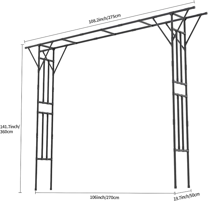 Flat Top Garden Arch Trellis Pergola, 11.8 x 9.02 FT Large Metal Arbor for Climbing Plants, Plastic-Coated Galvanized Steel Frame, Outdoor Decorative Arch for Garden, Backyard, Lawn (Black)