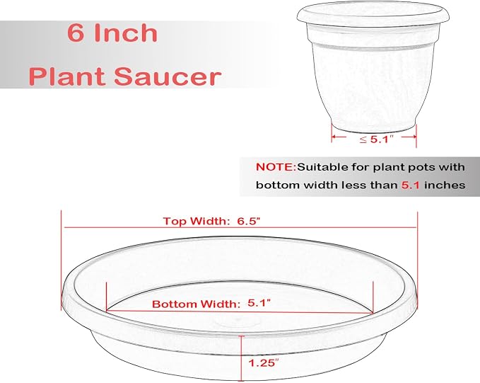 NIMYAU 5 Pack Plant Saucer 6 Inch,8 10 12 14 16 18 20 Inch, Heavy Sturdy Plant Trays for Pots, Plant Water Catcher Tray for Plants, Plastic Plant Saucers for Indoors no Holes