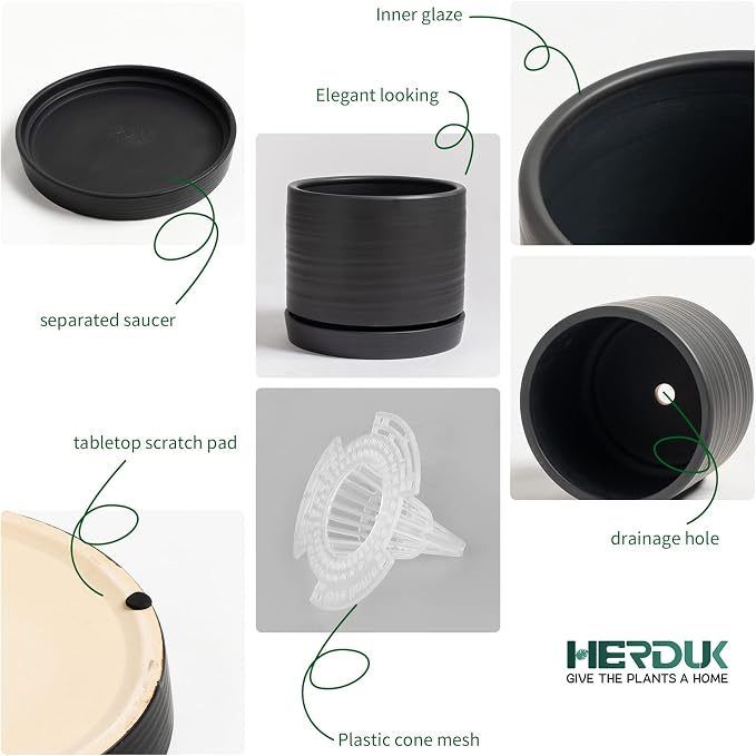 HERDUK 8 Inch Pots for Plants, Ceramic Planter Pot with Drainage Hole & Saucer, Indoor/Outdoor Cylinder Round Planter Pot, Matte Black