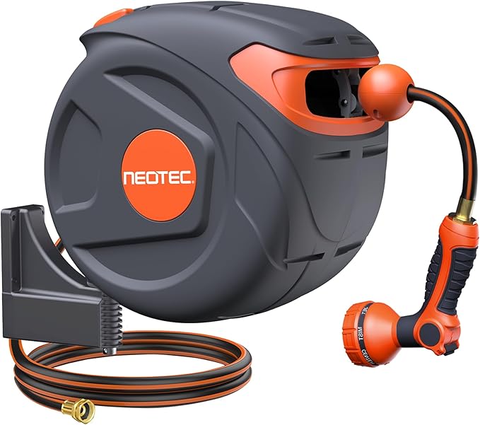 New Retractable Garden Water Hose 65ft 1/2 inch, Wall Mounted Hose Reel with Automatic Rewind System, Any-Length Lock & Spray Nozzle for Efficient Yard Work