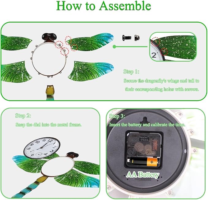 Unique Outdoor Clock Silent None-Ticking, Outdoor Wall Clock with Thermometer & Humidity, Waterproof Outside Clock for Patio, Living Room, Kitchen (Green Dragonfly)