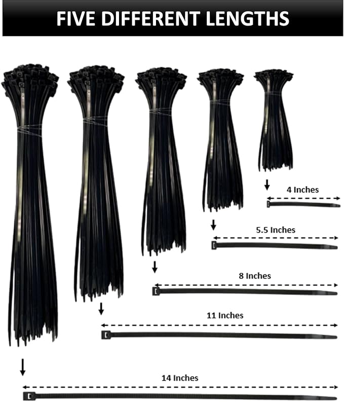 Kable Kontrol Zip Ties Assorted Sizes 500 Pcs Variety Pack Kit, 4+5.5+8+11+14 Inch Bulk Zipties Multi Pack Cable Tie Wraps, UV Resistant Nylon Wire Ties, for Indoor Outdoor Cable Management, Black