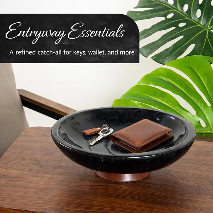 Decorative Marble Bowl Black - Handcrafted Natural Stone on Acacia Wood Pedestal - Versatile 10" Catch‑All Centrepiece for Home Decor - Entryway, Dining Table, Kitchen Fruit Bowl, Key Holder (Black)