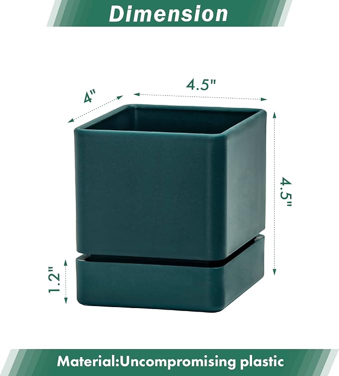 D'vine Dev 4 Inch Herb Planter Pot, Plastic Planter with Drainage Holes and Saucer, Modern Decorative Gardening Pot for Indoor Plants, Flowers, Herbs, Succulents, Green, Set of 6, 76-Y-C-6