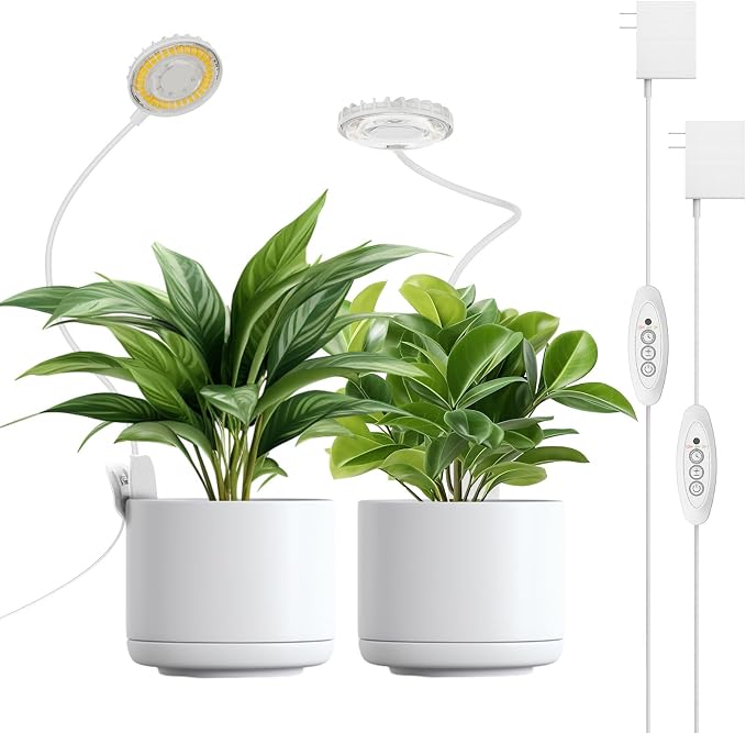 2 Pack 12W Each Clip-On Grow Lights for Indoor Plants, White Pot Clip Plant Lights with Flexible Gooseneck, 4000K Full Spectrum, 3/6/12H Timer, 4 Dimmable Levels