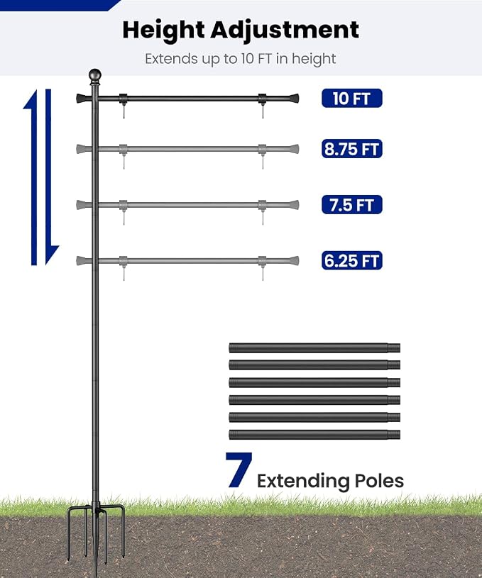 Koutemie 10 FT In Ground Flag Pole Holder for Outside House, Adjustable Flag Poles for 3x5 American Banner Outdoor with 5 Prongs Base, Heavy Duty Garden Flagpole Stand Kit for Yard Decor, 1 Pack