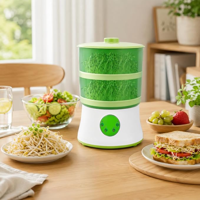 110V Bean Sprouts Machine, Intelligent Automatic Bean Sprouts Maker | 2 Layers Large Capacity Seed Grow Cereal Tool, 3 seasonal temp modes and 360° auto spray for Radish Wheatgrass Broccoli