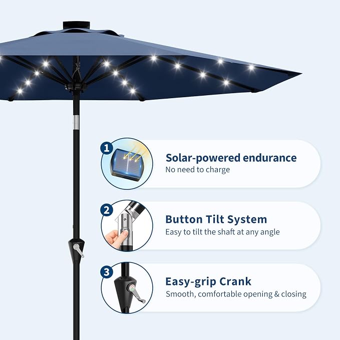 Patio Umbrella with Solar Lights, Outdoor Table Umbrella with 8 Durable Ribs, Tilt & Crank Mechanism, Water & UV Protection Sun Shade Umbrella for Garden, Poolside, Backyard (Navy Blue, 10 FT)