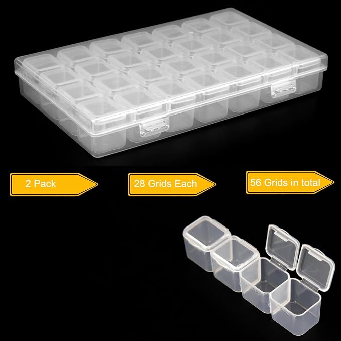 Guyuyii 2 Pack 28 Grids Diamond Painting Storage Organizer | 56 Slots Bead Storage Containers with Snap-Lock Lids for DIY, Diamond Drills, Earrings, Jewelry, Small Craft Supplies