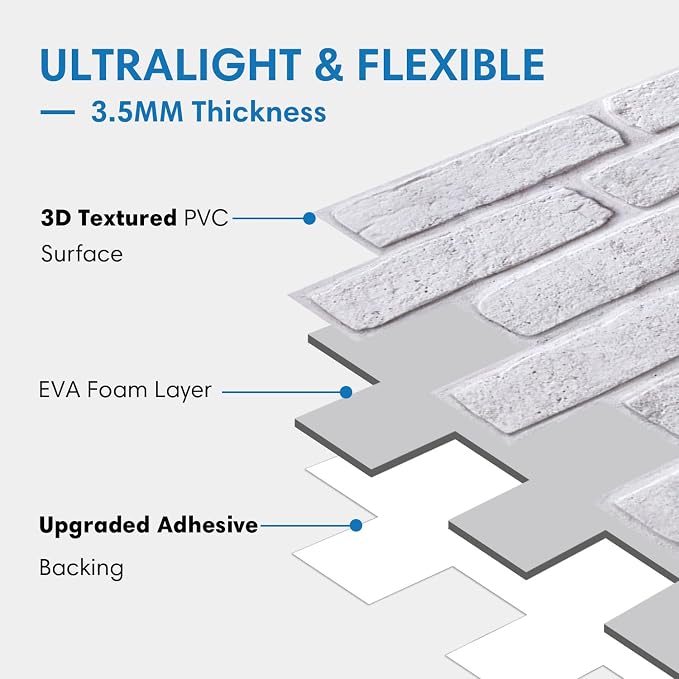 COMSTICKC 3D Faux Brick Wall Panel Peel and Stick Wall Covering, White with Gray Spots, 12 Pcs of 22.8" x 11.8", UrltraLight PVC 3D Brick Wall Stickers Decorative Tiles for Indoor Deocr, 22.48 sq.ft