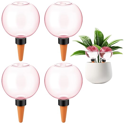 4 Pcs Self Watering Globes Plastic Automatic Watering Planter for Indoor Plants 17.5 oz drip Irrigation Watering Bulbs with Slow Release Control (Pink)