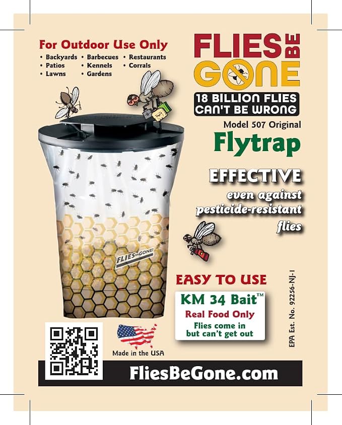 Flies Be Gone Fly Trap - Disposable Protein-Powered Attractant Fly Catcher - Natural Bait Trap for Patios, Ranches, Outdoor Environments - Easy to Use Outdoor, Keeps Flies from Coming Indoors