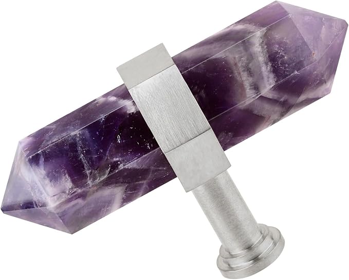 mookaitedecor Set of 2 Amethyst Double Crystal Points Drawer Knobs with Screws, Decorative Stone Cabinet Handle Pulls for Dresser Cupboard Kitchen Decor, Brushed Stainless Steel