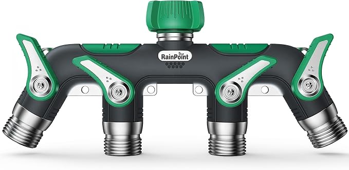 RAINPOINT 4 Way Garden Hose Splitter, 100% Metal Heavy Duty Water Hose Splitter with Individual Shut-Off Valves, 3/4" GHT High Flow Outdoor Faucet Splitter, 1.81" Extra Long Handle (Dark Green)