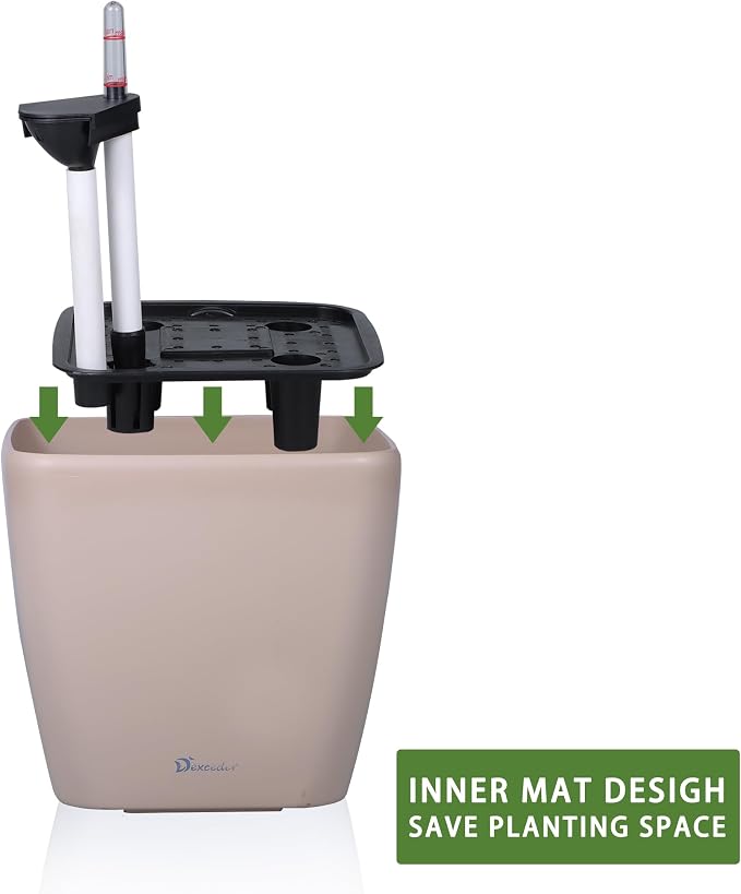 Dexceder 11x10 Self Watering Planter (Taupe Matte) | Inner Mat Design, Thickened Table Flower Plant Pot with Water Level Indicator Indoor Outdoor