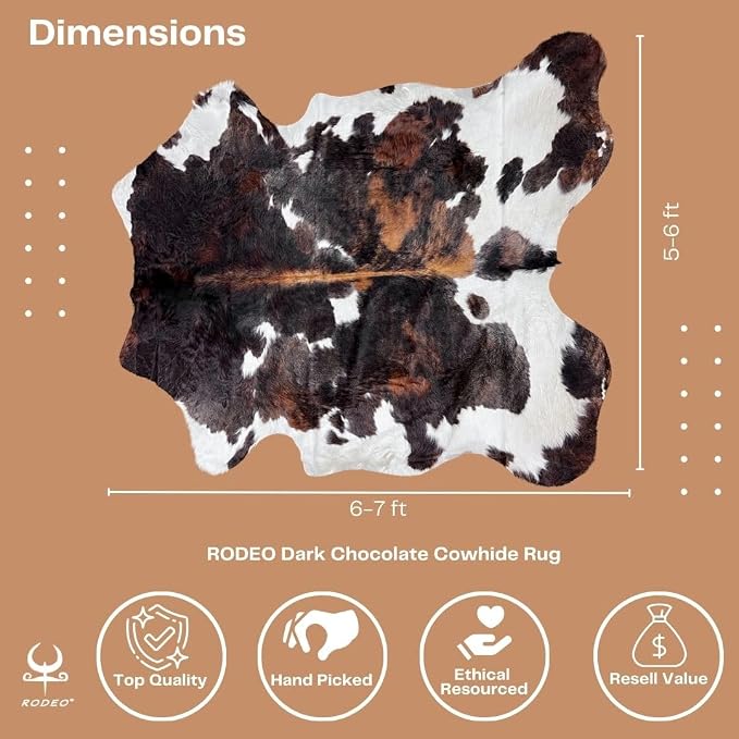 rodeo Genuine Cowhide Rug - Real Cow Hide Rug Large for Living Room & Bedroom - Western Rugs for a Natural Western Home Decor Ambiance - Rustic Cow Print Carpet Decor - 6x7 ft, Dark Tricolor