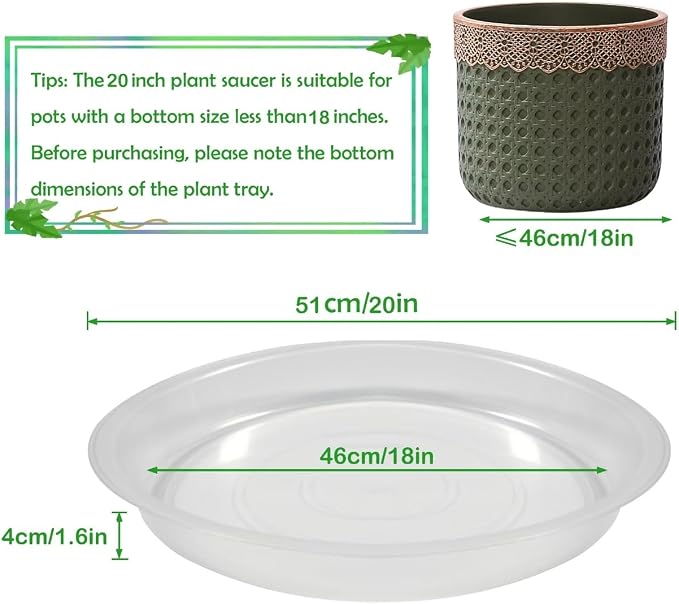 8 Pack 20 Inch Round Plant Saucers for Less 18 Inch Pot Indoors Outdoors Plant Trays for Pots Planter Saucer Plastic Drip Tray Planter Water Tray(Clear, 20"(8pcs))